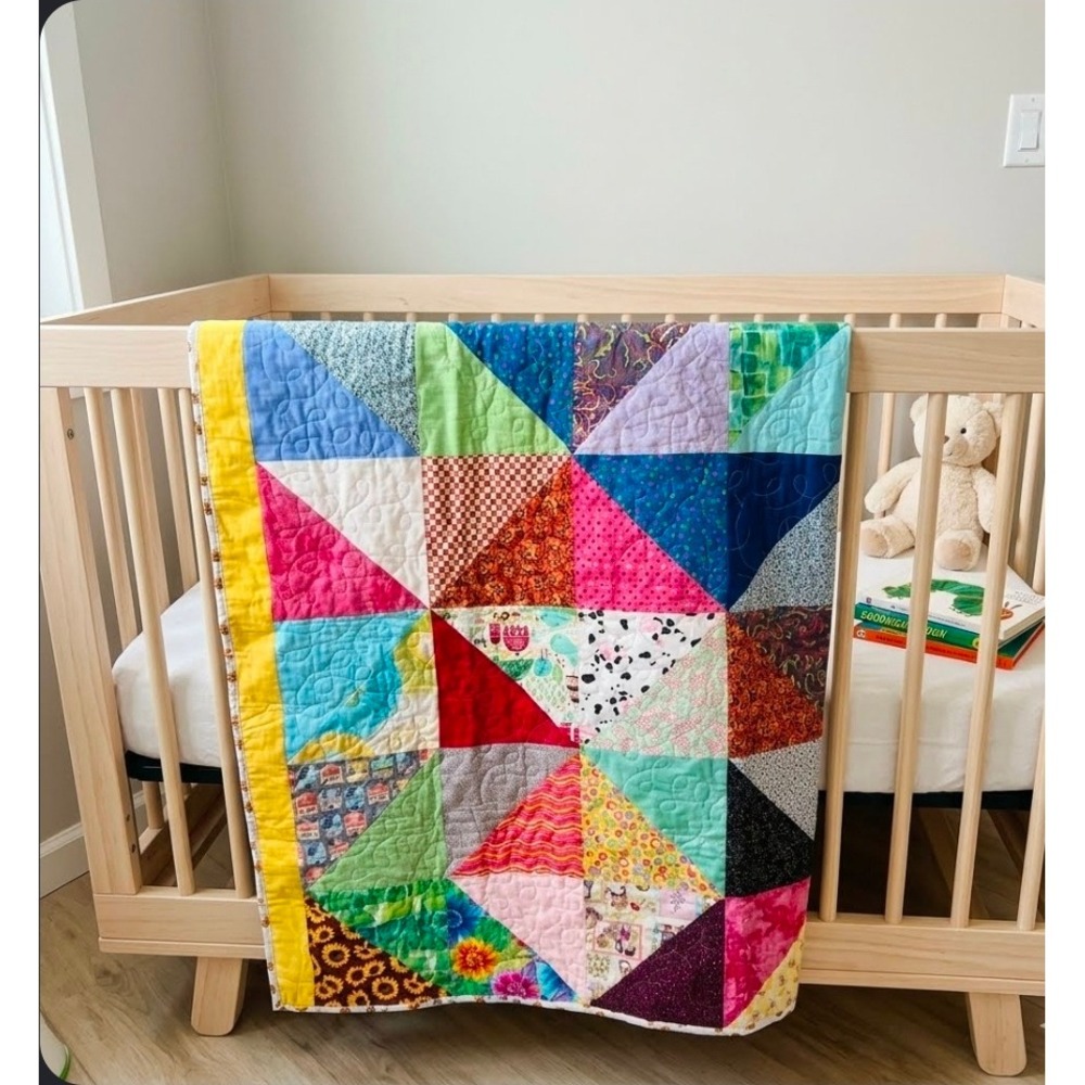 Handmade Patchwork Baby Quilt 41x55 Bee Print Cotton Reversible Nursery Decor